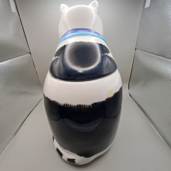 Coco Dowley Smiling Cat Cookie Jar Fish Bib Kerchief White Tabby Kitty 12" High - Picture 6 of 16